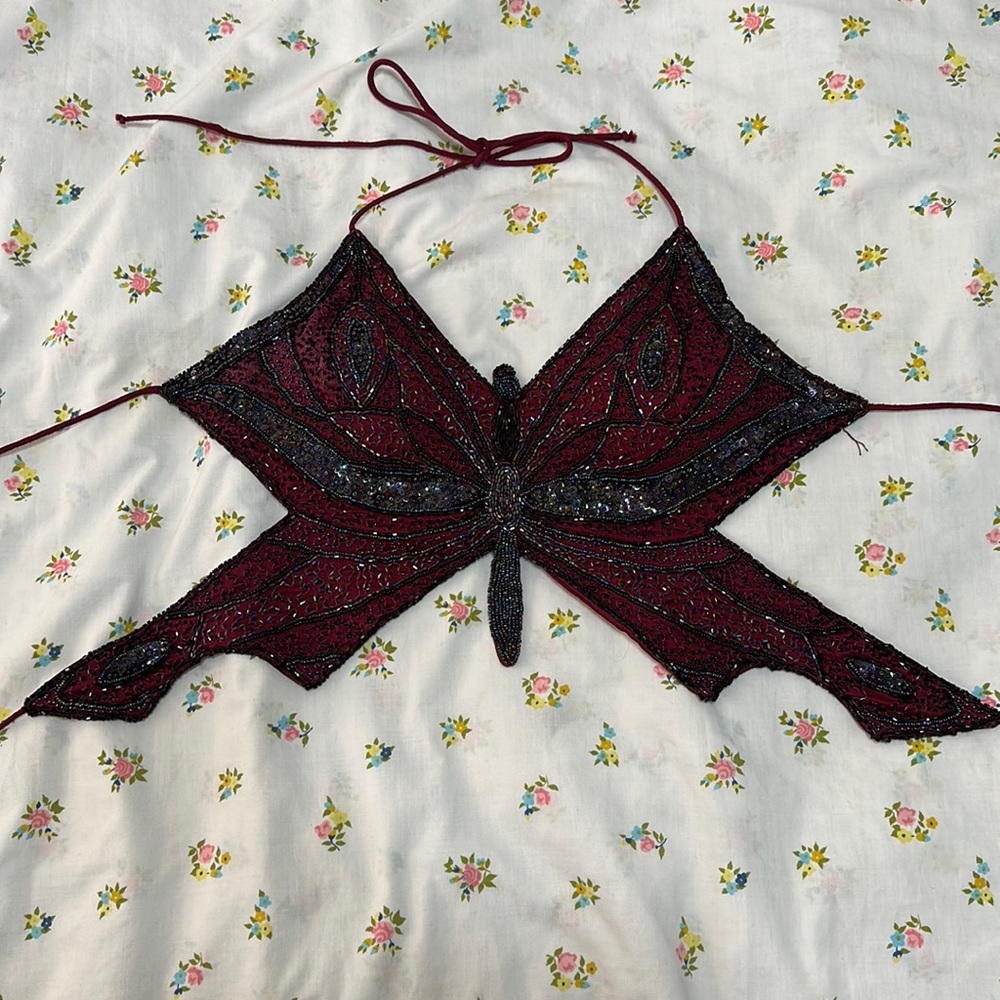 SOLD! Burgundy Beaded Butterfly Halter Top